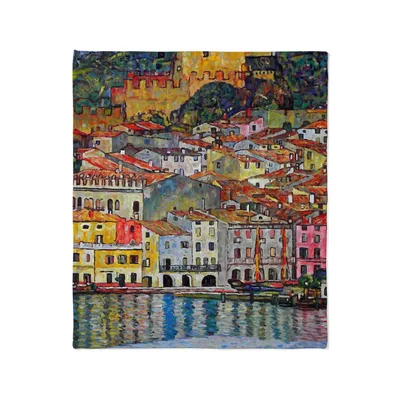 Colorful Seaside Village Painting Blanket: Artistic Coastal Scene