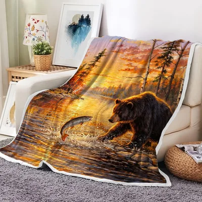 Bear Catching Fish Sunset Blanket: Wild Nature Scene for Cabin Lovers