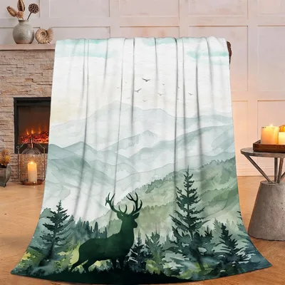 Deer in Pine Forest Mountains Blanket: Rustic Watercolor Wildlife Art