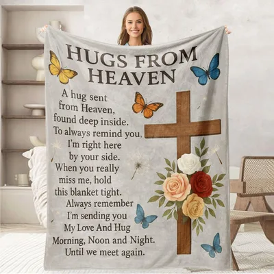 Memorial Sympathy Poem Cross Blanket: Hugs From Heaven Design