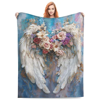 Angel Wings Floral Blanket: White Feathers and Roses Design