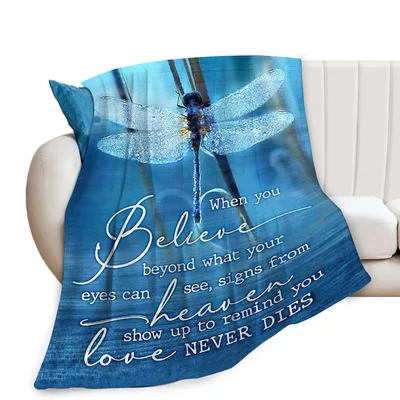 Love Never Dies Dragonfly Blanket features a shimmering blue