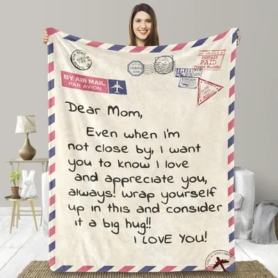 Love You Mom Blanket with Air Mail Design and Heartfelt Message