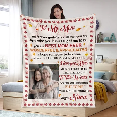 Grateful Mom Photo Blanket with Autumn Leaves