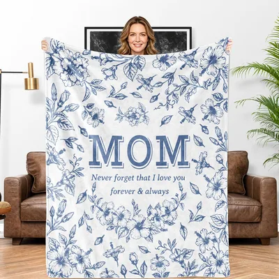 Mom Love Floral Blanket with Blue Hibiscus and Sentimental Quote