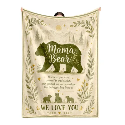 Mama Bear Family Blanket with Forest Bear and We Love You Message