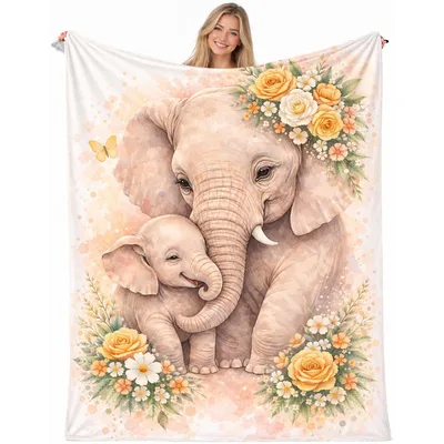Elephant Mother Baby Blanket: Floral Elephant Art for Home