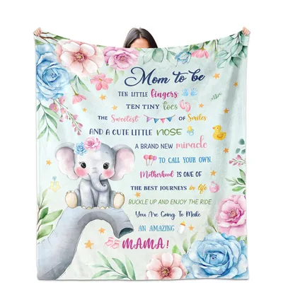 Mom to Be Elephant Blanket Features Watercolor Floral Frame