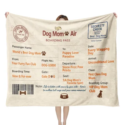 Dog Mom Boarding Pass Blanket: Travel-Themed Gift for Furry Fan Clubs
