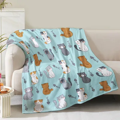 Kawaii Kittens Fishbone Pattern Blanket: Cute Cats and Bones