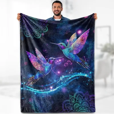 Hummingbird Among Galaxy Flowers Blanket: Cosmic Birds and Mandala Art