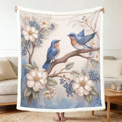 Bluebird Floral Branch Blanket: Two Birds on a Flowering Branch