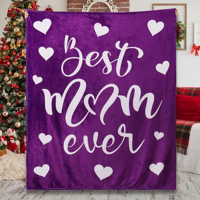 Best Mom Ever Hearts Blanket: White Script and Hearts on Purple