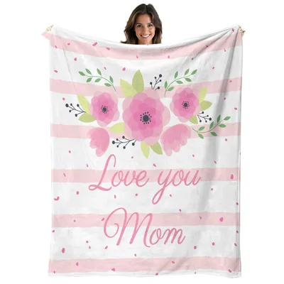 Love You Mom Flowers Blanket: Pink Floral Striped Design for Her