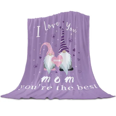 I Love You Mom Gnome Blanket featuring two gnomes holding a heart