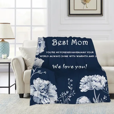 Best Mom Peony Floral Blanket features white peonies on navy