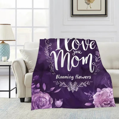 I Love You Mom Flowers Blanket with Purple Roses and Script Text
