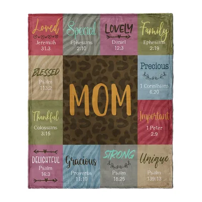 Mom Scripture Expressions Blanket features a central leopard