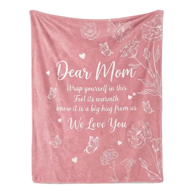 Dear Mom Warm Hug Blanket with Floral and Butterfly Design