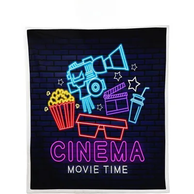 Movie Theater Neon Popcorn Blanket: Cinema Movie Time Design