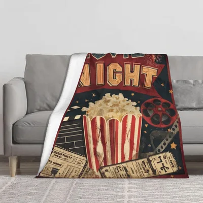 Vintage Cinema Night Blanket: Movie Night Popcorn Design for Fans
