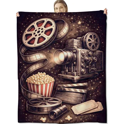 Vintage Cinema Film Reels Blanket featuring a retro projector