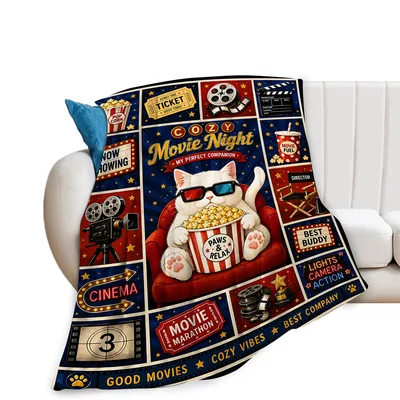 Movie Night Cat Popcorn Blanket for Cinema Lovers
