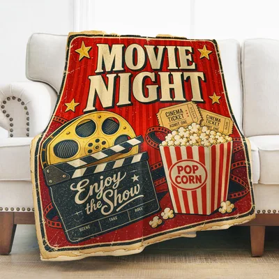 Movie Night Popcorn Theme Blanket: Vintage Cinema Clapperboard Design