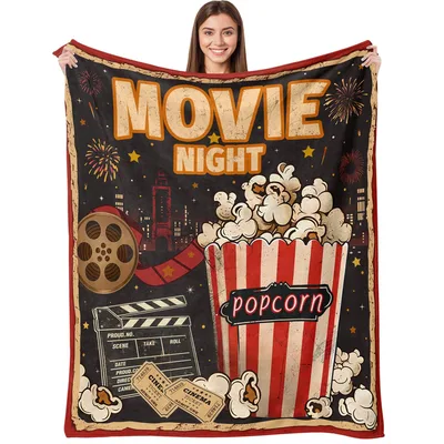 Movie Night Popcorn Poster Blanket featuring vintage cinema art