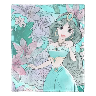 Floral Fantasy Princess Portrait Blanket: Jasmine in Teal and Flowers