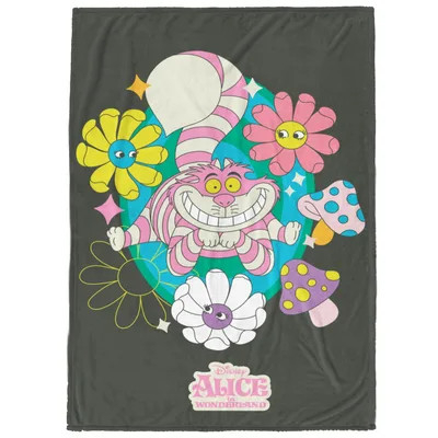 Grinning Cat with Flowers Blanket: Cheshire Cat and Mushrooms Design