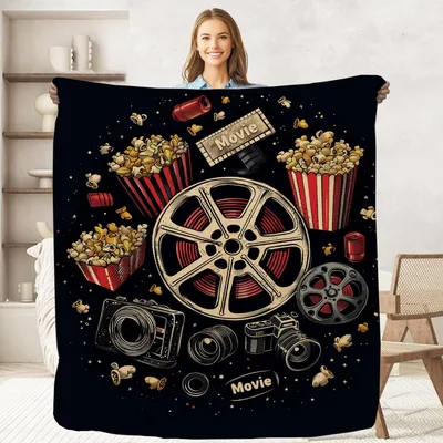Movie Theater Popcorn and Film Reels Blanket for Cinema Lovers