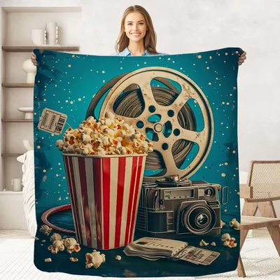 Popcorn Bucket Blanket: Vintage Cinema Reel and Camera Design