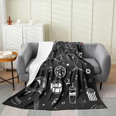 Hand Drawn Cinema Icons Blanket for Movie Lovers and Film Buffs