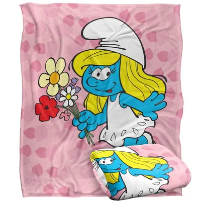 Blonde Cartoon Character Blanket Featuring Smurfette with Flowers