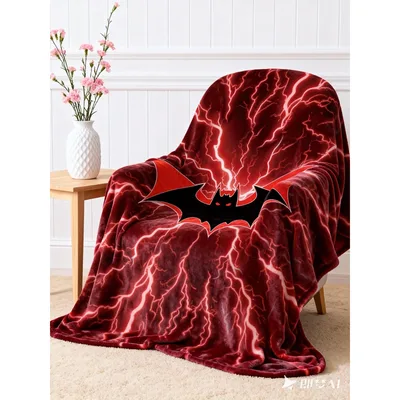Red Bat Lightning Pattern Blanket with Electric Storm Design