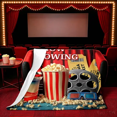 Movie Theater Popcorn Night Blanket featuring NOW SHOWING text