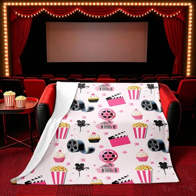 Pink Movie Night Pattern Blanket: Cinema Clapboard and Popcorn Design