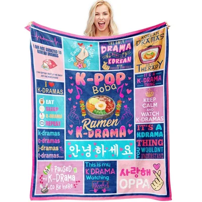 K-Drama Fans Collage Blanket: K-Pop, Boba, and Korean Drama Quotes