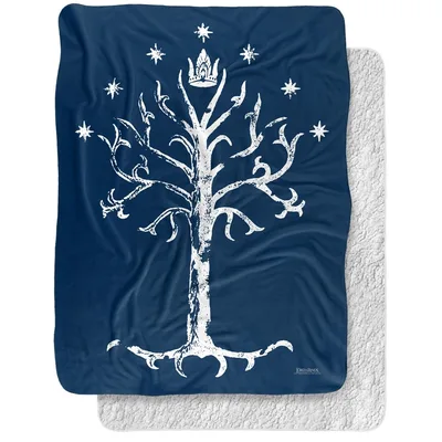 Silver Tree Under Stars Blanket: White Tree and Crown Design