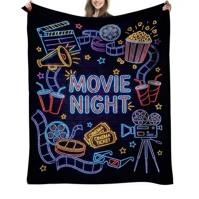 Movie Night Neon Cinema Blanket: Neon Movie Icons Design
