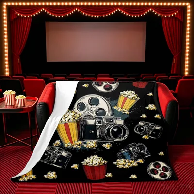 Movie Night Popcorn and Camera Blanket: Cinema Theme Throw