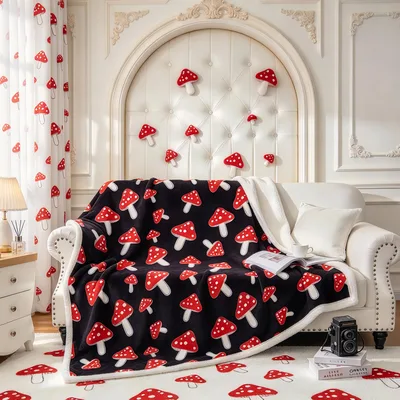 Mushroom Lover Blanket: Red Mushroom Pattern on Black