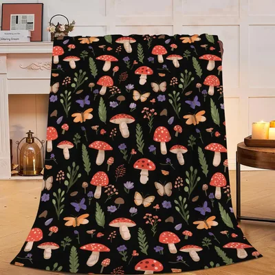 Wildflower Mushroom Blanket: Red Fungi and Butterfly Pattern