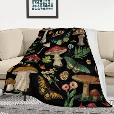Vintage Mushroom Blanket: Cottagecore Foliage and Butterfly Art