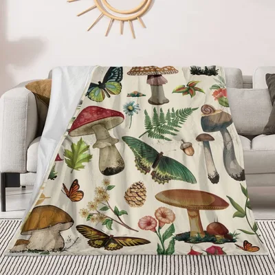 Vintage Botanical Blanket Mushroom Cottagecore Fleece and Sherpa