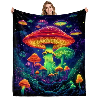 Neon Mushroom Blanket featuring a glowing psychedelic forest