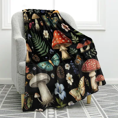 Mushroom Butterfly Botanical Blanket: A Vintage Forest Print