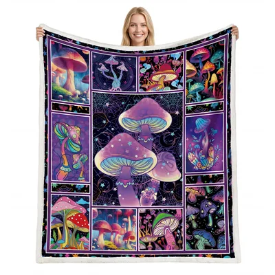 Mushroom Psychedelic Art Blanket: Cosmic Fungi Collage Design