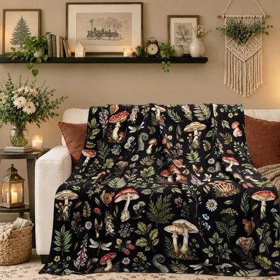 Mushroom Botanical Forest Blanket: Vintage Fungi & Flora Throw